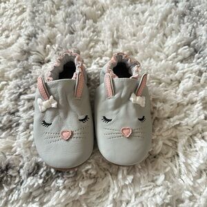 Robeez Heart Bunny Soft Soles Girls Slip-On Leather Shoes Charcoal Pink 12-18M